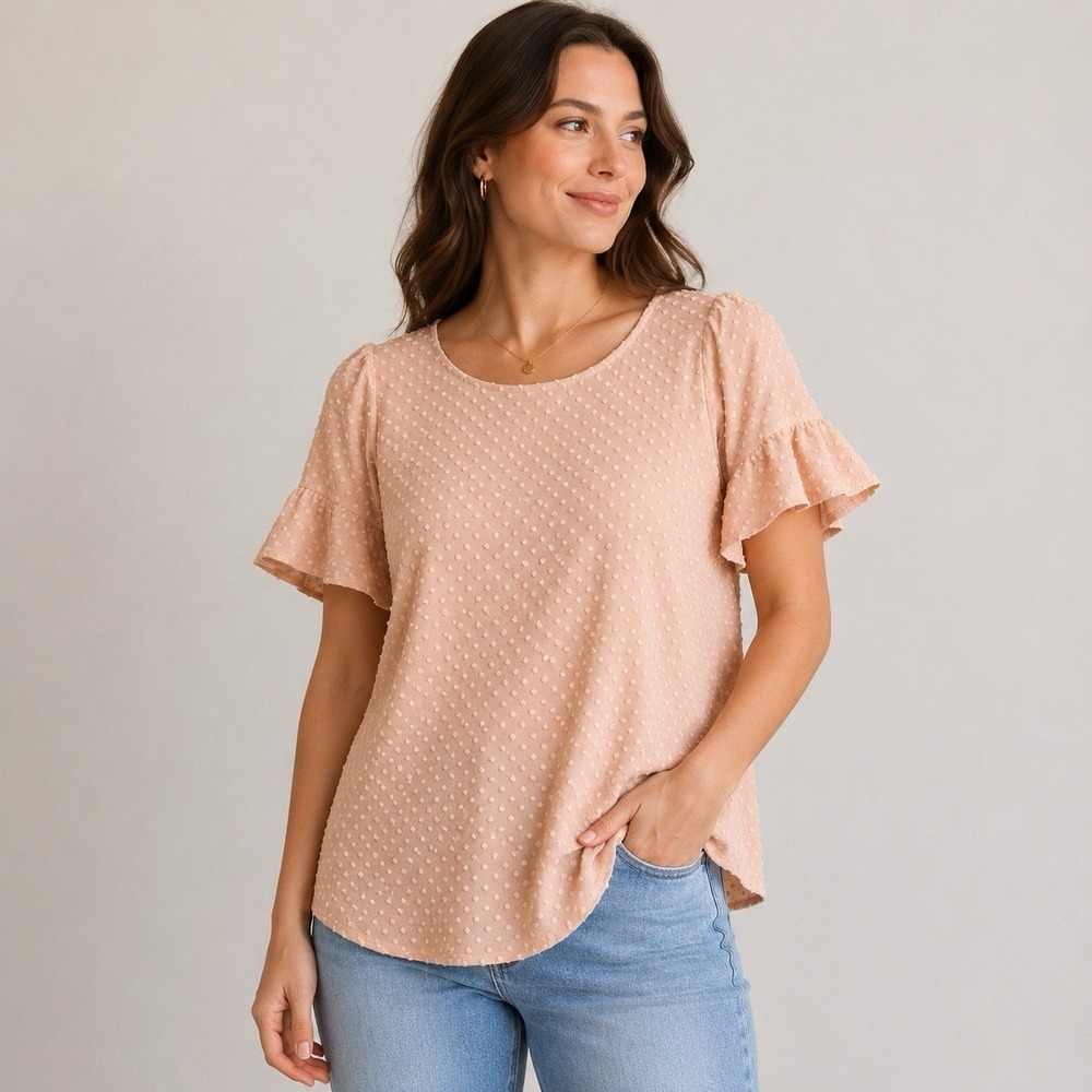 Rose + Olive Swiss Dot Blouse Sm Blush Pink Flutter Sleeve Textured‎ Cottagecore